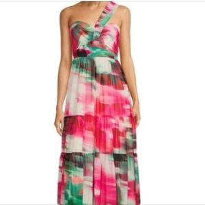 NWT BELLE BADGLEY MISCHKA PINK/MULTI ONE SHOULDER MIDI REMI GEORGETTE DRESS SZ 4